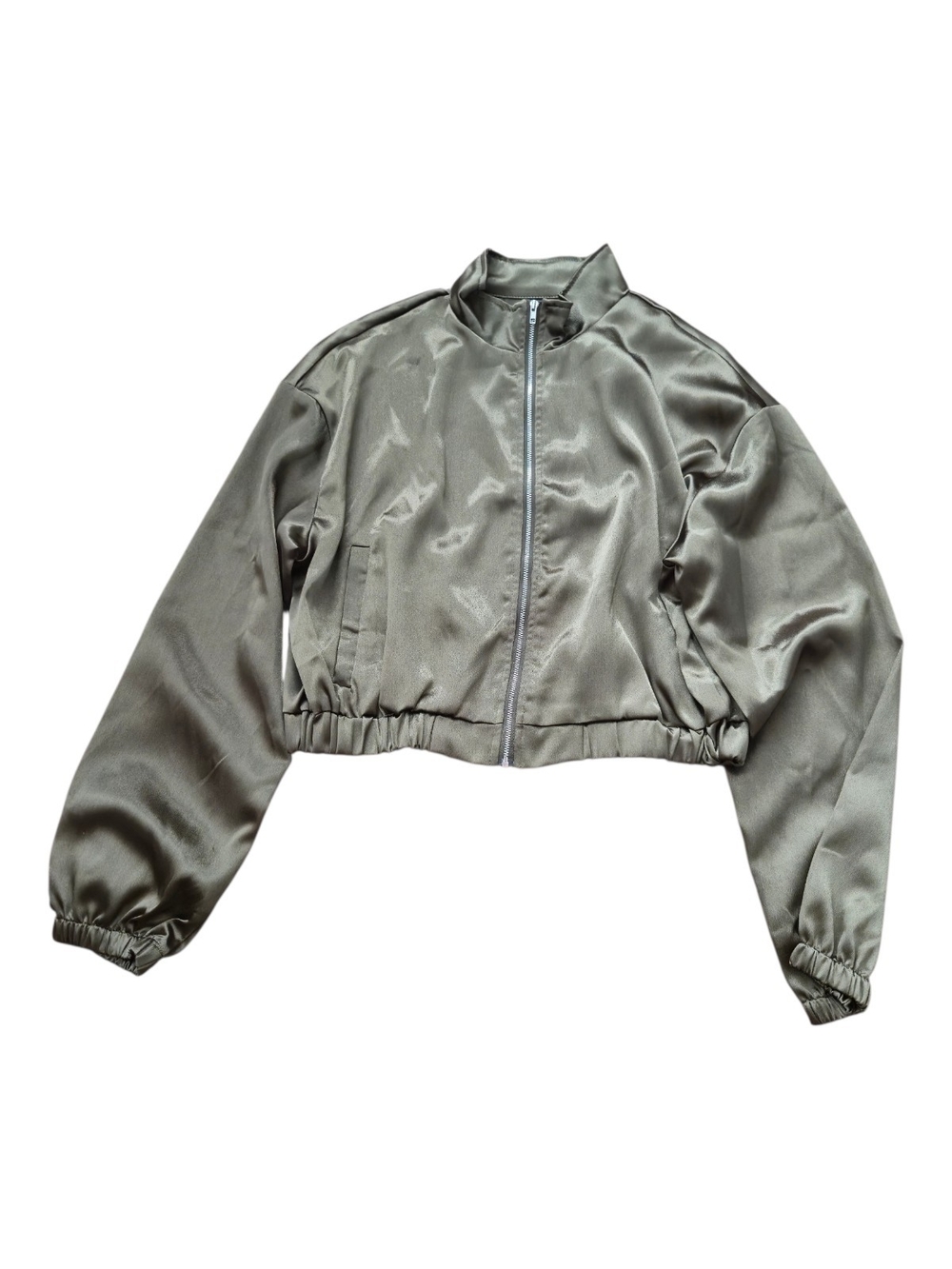 Cropped Satin Jacket In Olive Green Women's Large